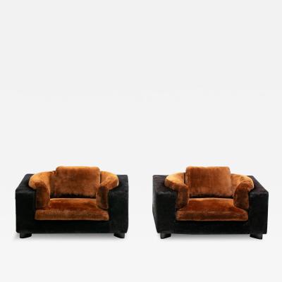  Gucci Gucci Monumental 1970s Club Chairs in New Black Cowhides and Chocolate Shearling