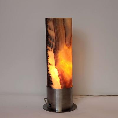  Gueridon Ambient Brown Onyx Table Lamp with Leather Backed Stainless Steel Base