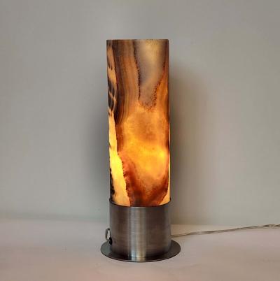  Gueridon Ambient Brown Onyx Table Lamp with Leather Backed Stainless Steel Base
