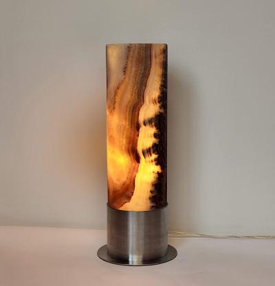  Gueridon Ambient Brown Onyx Table Lamp with Leather Backed Stainless Steel Base