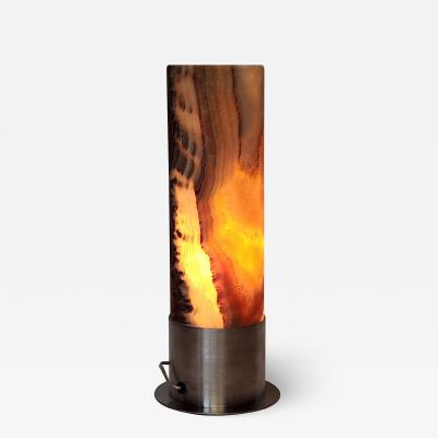  Gueridon Ambient Brown Onyx Table Lamp with Leather Backed Stainless Steel Base