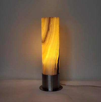  Gueridon Ambient Brown and White Onyx Table Lamp with Leather Backed Stainless Steel Base