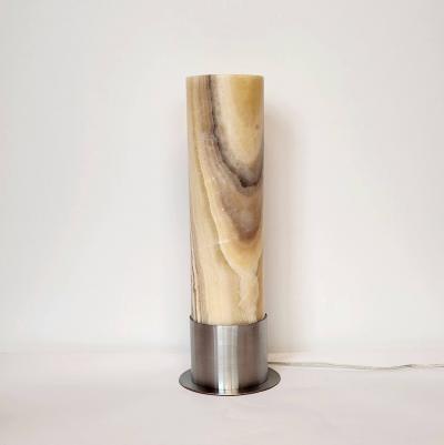  Gueridon Ambient Brown and White Onyx Table Lamp with Leather Backed Stainless Steel Base