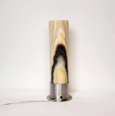  Gueridon Ambient Brown and White Onyx Table Lamp with Leather Backed Stainless Steel Base