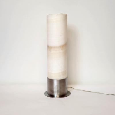  Gueridon Ambient White Onyx Table Lamp with Leather Backed Stainless Steel Base