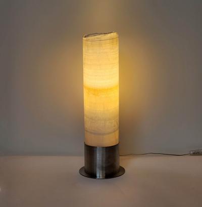  Gueridon Ambient White Onyx Table Lamp with Leather Backed Stainless Steel Base