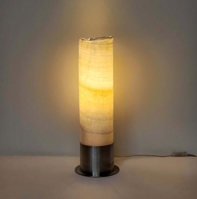  Gueridon Ambient White Onyx Table Lamp with Leather Backed Stainless Steel Base