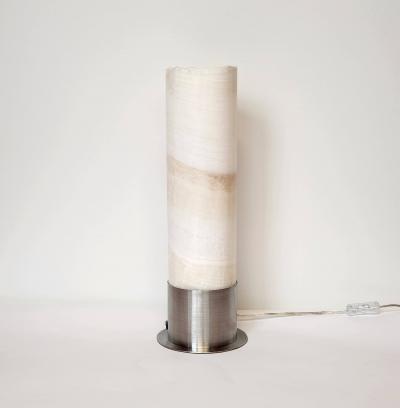  Gueridon Ambient White Onyx Table Lamp with Leather Backed Stainless Steel Base