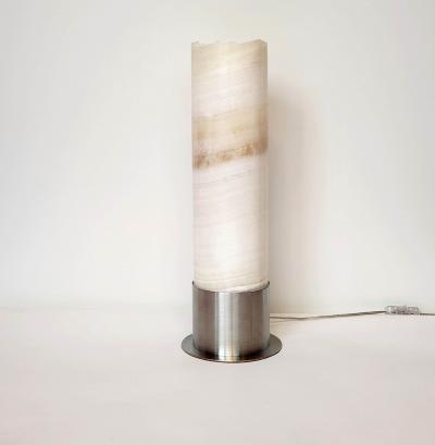  Gueridon Ambient White Onyx Table Lamp with Leather Backed Stainless Steel Base