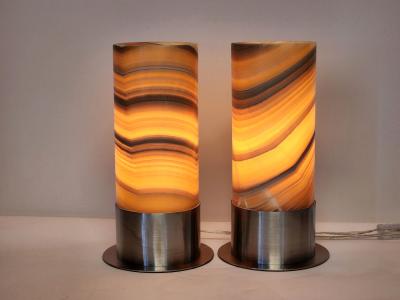  Gueridon Set of 2 Ambient Onyx Table Lamps with Leather Backed Stainless Steel Base