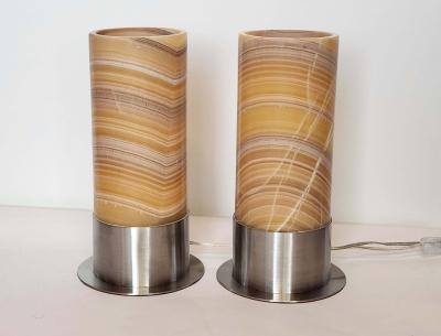  Gueridon Set of 2 Ambient Onyx Table Lamps with Leather Backed Stainless Steel Base
