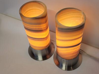  Gueridon Set of 2 Ambient Onyx Table Lamps with Leather Backed Stainless Steel Base