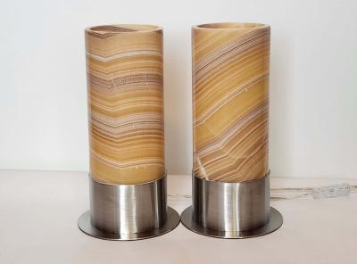  Gueridon Set of 2 Ambient Onyx Table Lamps with Leather Backed Stainless Steel Base