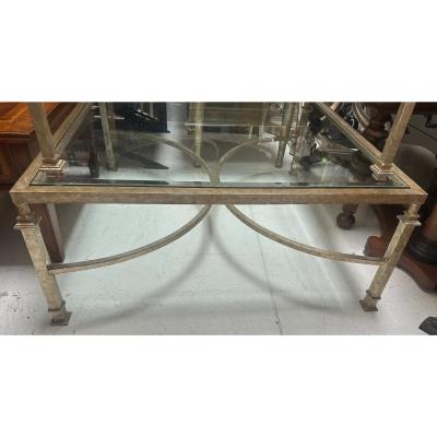  Gustav Carroll Art Deco Gustav Carroll White Gold Gilt Metal Beveled Glass Cocktail Table