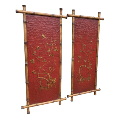  Gustav Carroll Pair of Signed Gustav Carroll Bamboo Hand Painted Red Gold Chinoiserie Panels