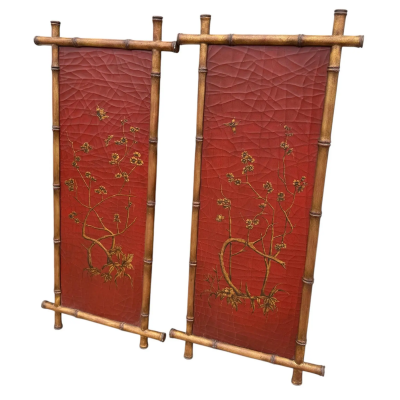  Gustav Carroll Pair of Signed Gustav Carroll Bamboo Hand Painted Red Gold Chinoiserie Panels