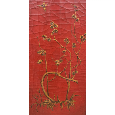  Gustav Carroll Pair of Signed Gustav Carroll Bamboo Hand Painted Red Gold Chinoiserie Panels