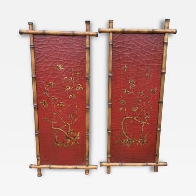  Gustav Carroll Pair of Signed Gustav Carroll Bamboo Hand Painted Red Gold Chinoiserie Panels
