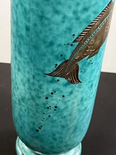  Gustavsberg ART DECO AQUA CERAMIC AND SILVER FISH VASE BY GUSTAVBERG