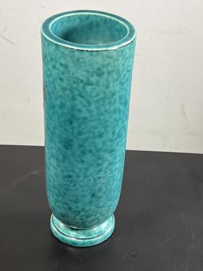 Gustavsberg ART DECO AQUA CERAMIC AND SILVER FISH VASE BY GUSTAVBERG