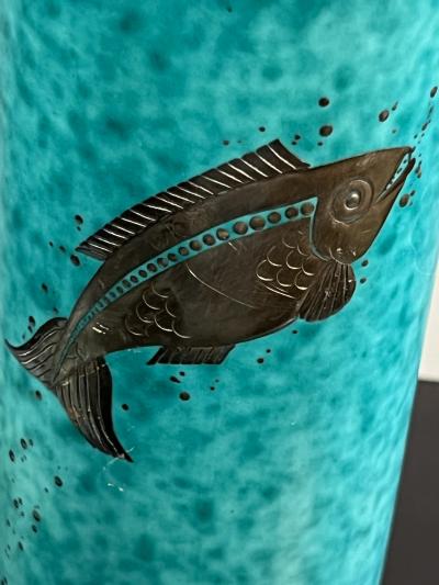  Gustavsberg ART DECO AQUA CERAMIC AND SILVER FISH VASE BY GUSTAVBERG