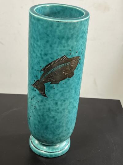 Gustavsberg ART DECO AQUA CERAMIC AND SILVER FISH VASE BY GUSTAVBERG