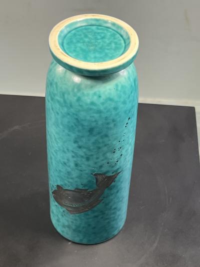 Gustavsberg ART DECO AQUA CERAMIC AND SILVER FISH VASE BY GUSTAVBERG