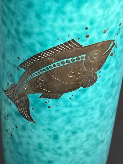  Gustavsberg ART DECO AQUA CERAMIC AND SILVER FISH VASE BY GUSTAVBERG