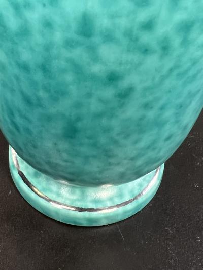  Gustavsberg ART DECO AQUA CERAMIC AND SILVER FISH VASE BY GUSTAVBERG