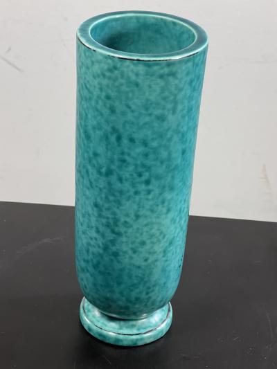  Gustavsberg ART DECO AQUA CERAMIC AND SILVER FISH VASE BY GUSTAVBERG