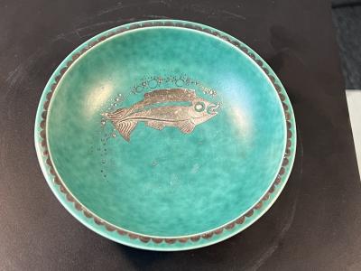  Gustavsberg ART DECO ARGENTA FOOTED BOWL DECORATED WITH SIVER INLAID FISH