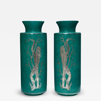  Gustavsberg Studio Mid Century Pair of Gustavsberg Argenta Green Glazed Vases by Wilhelm K ge