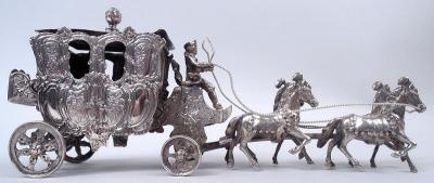  Hanau Antique German Hanau Rococo Silver Horse Drawn Cinderella Coach