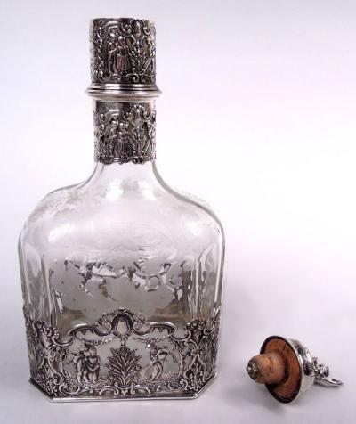  Hanau Pair of Antique German Hanau Rococo Silver Glass Decanters