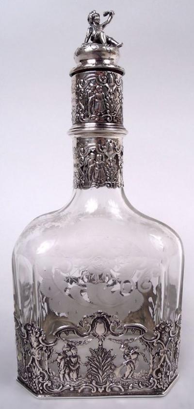  Hanau Pair of Antique German Hanau Rococo Silver Glass Decanters
