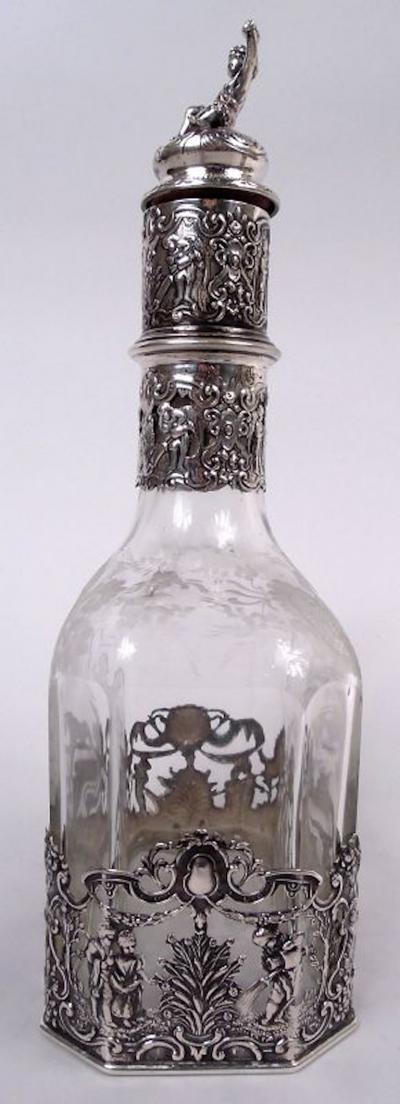  Hanau Pair of Antique German Hanau Rococo Silver Glass Decanters