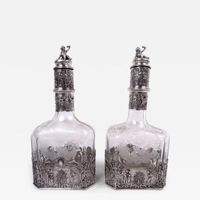  Hanau Pair of Antique German Hanau Rococo Silver Glass Decanters