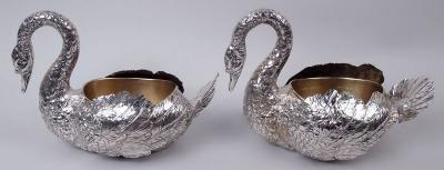  Hanau Pair of Antique German Hanau Silver Swan Bowls