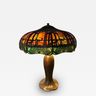  Handel Co Handel Co Arts and Crafts Palm Tree Table Lamp Art Glass Bronze 1900s