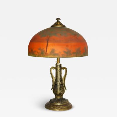  Handel Co Original Handel Style Reverse Painted Lamp on White Metal Patinated Base