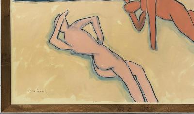  Harley Francis Large Vintage 1980s Harley Francis Abstract Nudes Painting Mixed Media Glass