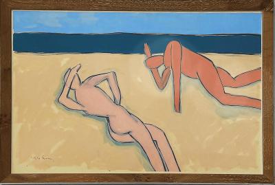  Harley Francis Large Vintage 1980s Harley Francis Abstract Nudes Painting Mixed Media Glass