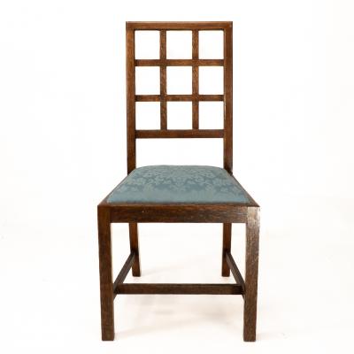  Heal s Heals Heal Son Ltd Heals Set of 4 Arts Crafts oak lattice back dining chairs blue Damask seats