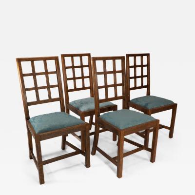  Heal s Heals Heal Son Ltd Heals Set of 4 Arts Crafts oak lattice back dining chairs blue Damask seats