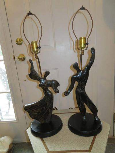  Heifetz Lovely Pair of Modernist Cerused Oak Heifetz Dancer Male Female Lamps