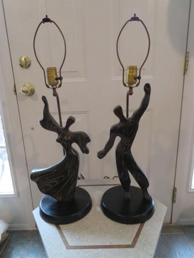 Heifetz Lovely Pair of Modernist Cerused Oak Heifetz Dancer Male Female Lamps