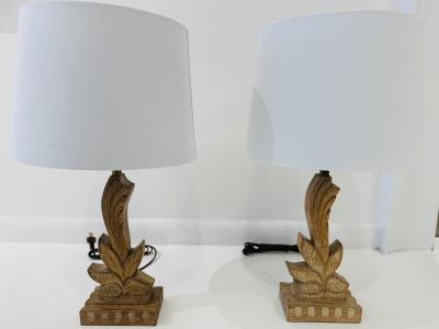 Heifetz Pair of 1940s Art Deco Carved Wood Heifetz Table Lamps
