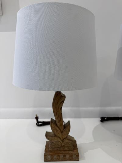  Heifetz Pair of 1940s Art Deco Carved Wood Heifetz Table Lamps