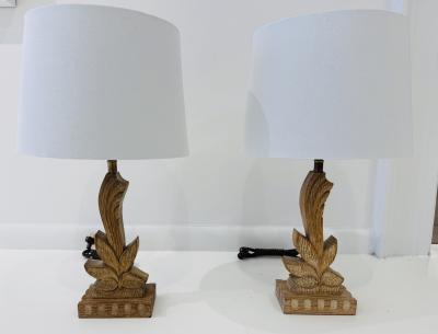  Heifetz Pair of 1940s Art Deco Carved Wood Heifetz Table Lamps