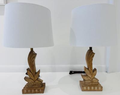  Heifetz Pair of 1940s Art Deco Carved Wood Heifetz Table Lamps